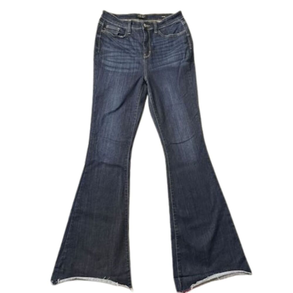 Judy Blue High Rise Flare Jeans Women's 11/30 Dark Raw Hem Bell Bottom Stretch